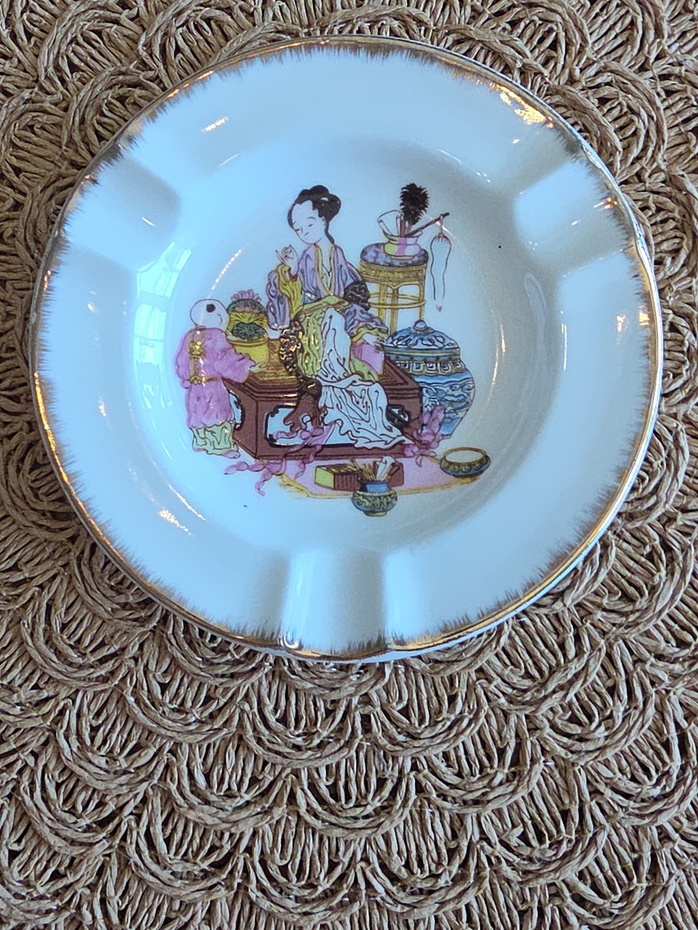 Vintage Bone China Brinton Asian Scene Ashtray Golden Rim Tawain